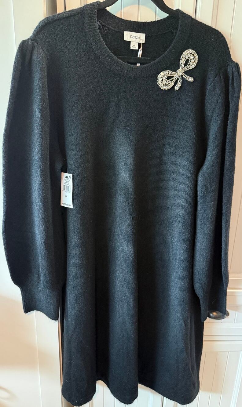 CeCe Women's Rhinestone Bow Long-Sleeve Sweater Dress black XXL NWT